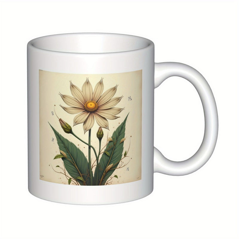 Tailorly White Ceramic 11 oz Mug - Vintage Botanical Illustration Of A Blooming Daisy With Deep Green Leaves Flower