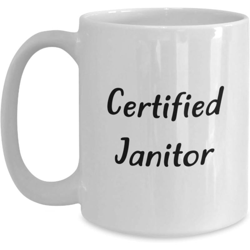 Tailorly White Ceramic 11 oz Mug - Certified Janitor Minimalist Black Calligraphy Style Text On Plain White Background Sign