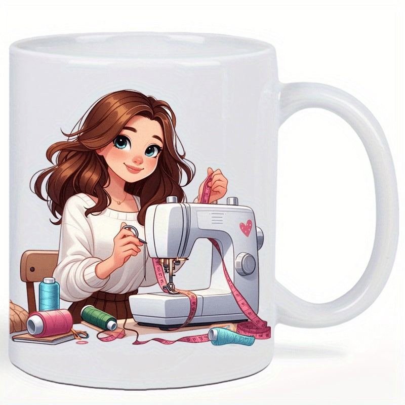 Tailorly White Ceramic 11 oz Mug - Charming Young Woman With Long Brown Hair Crafting On Sewing Machine Seamstress