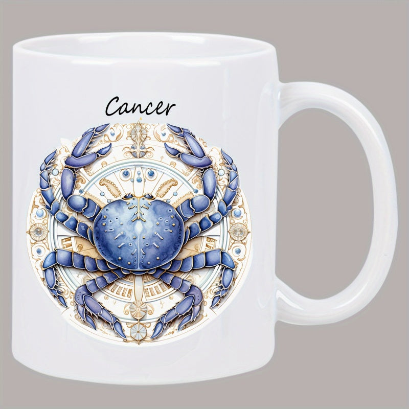 Tailorly White Ceramic 11 oz Mug - Cancer Artistic Blue Zodiac Illustration Set Against Golden Circular Celestial Pattern Crab