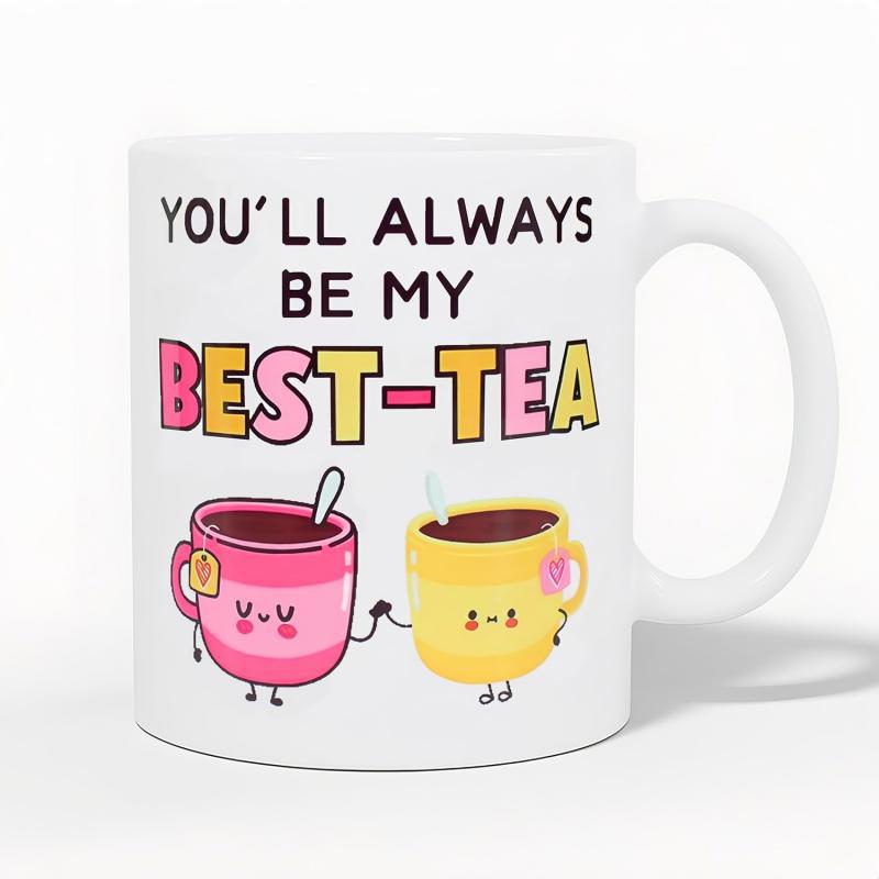 Tailorly White Ceramic 11 oz Mug - Youll Always Be My Best Tea Cute Smiling Pink And Yellow Cartoon Tea Cups Holding Hands Together Mug