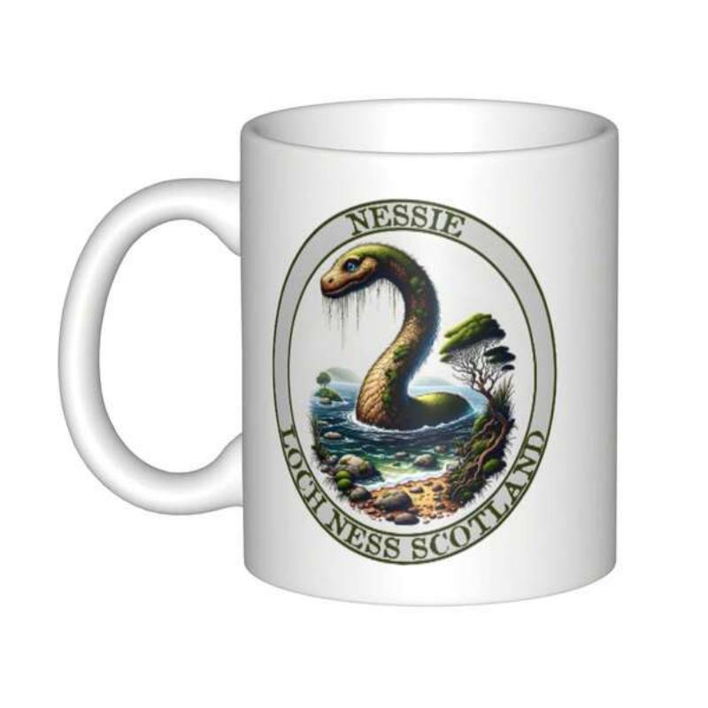 Tailorly White Ceramic 11 oz Mug - Nessie Loch Ness Scotland Legendary Creature Emerging From Deep Rippling Water Within Oval Frame Monster