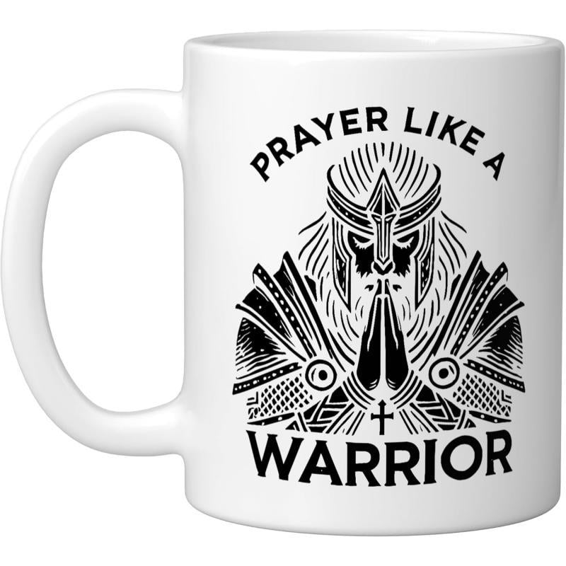 Tailorly White Ceramic 11 oz Mug - Prayer Like A Warrior Detailed Black Ink Drawing Of Knight Praying In Full Armor Warrior