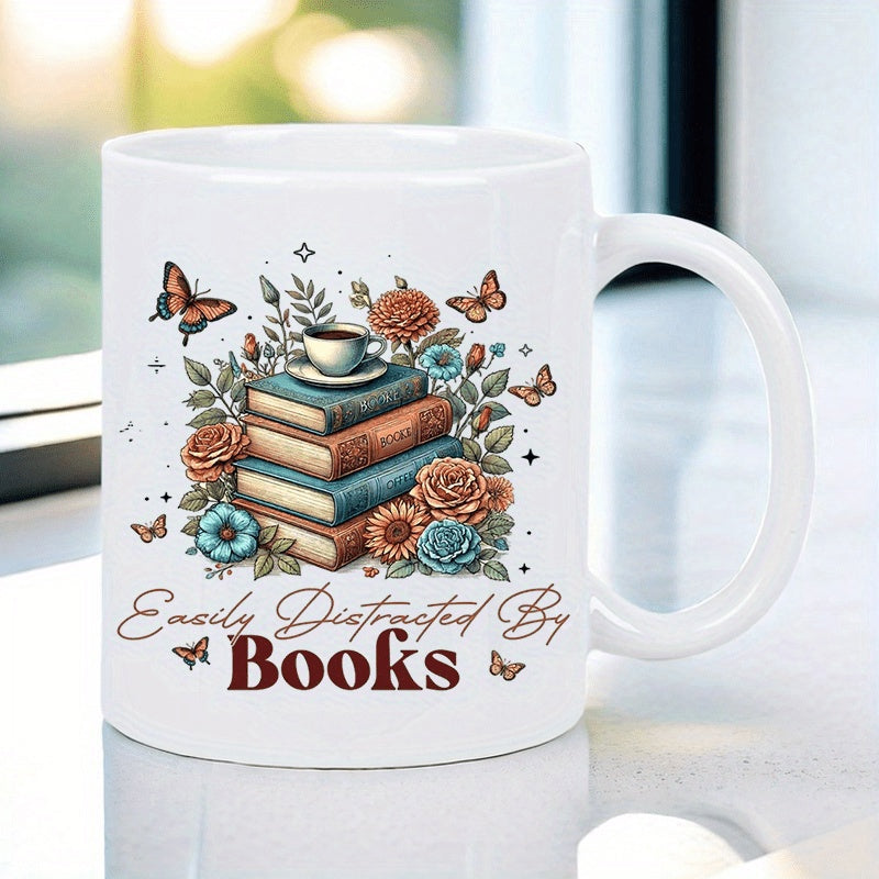Tailorly White Ceramic 11 oz Mug - Easily Distracted By Books Vintage Volumes Among Blooming Roses And Graceful Fluttering Books