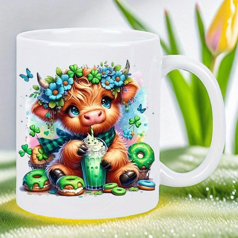 Tailorly White Ceramic 11 oz Mug - Adorable Fluffy Highland Calf Wearing Flower Crown Drinking Green Milkshake Cow
