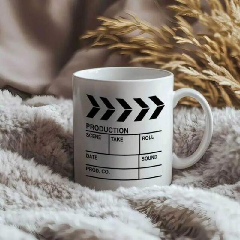 Tailorly White Ceramic 11 oz Mug - Production Scene Take Roll Minimalist Black Ink Film Clapperboard Design With Geometric Lines Mug