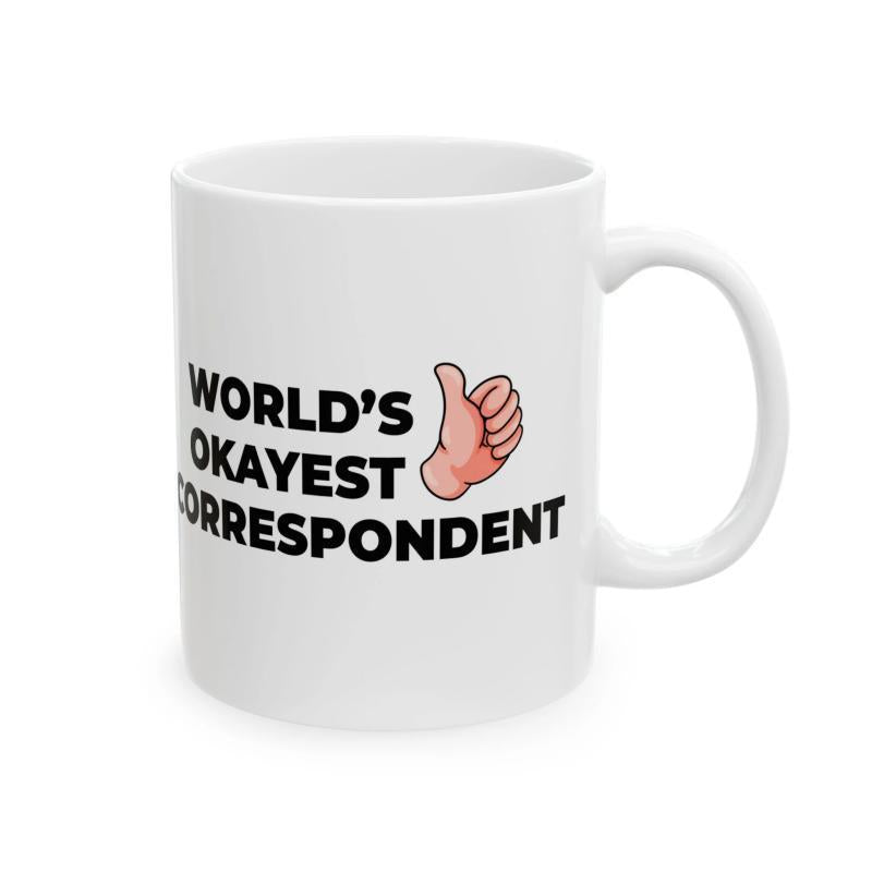 Tailorly White Ceramic 11 oz Mug - Worlds Okayest Correspondent Cartoon Style Thumbs Up Gesture With Bold Black Outline Hand