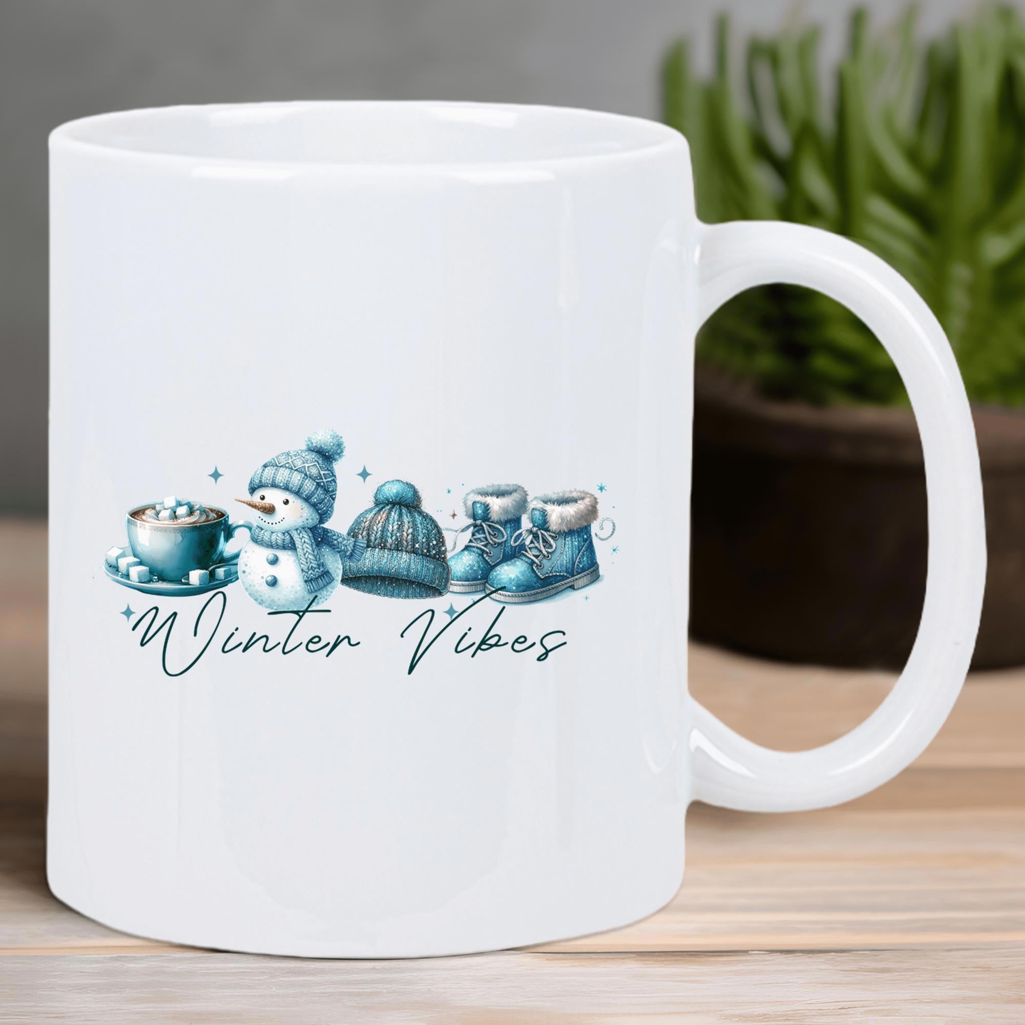 Tailorly White Ceramic 11 oz Mug - Winter Vibes Cute Winter Snowman With Hot Cocoa And Cozy Blue Knitted Boots Snowman