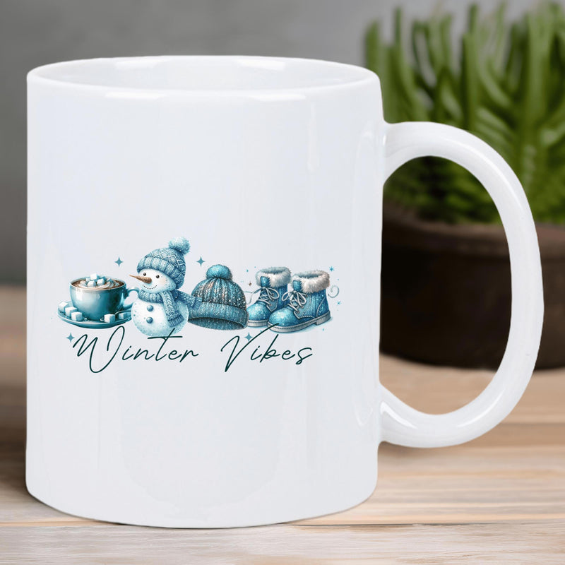 Tailorly White Ceramic 11 oz Mug - Winter Vibes Cute Winter Snowman With Hot Cocoa And Cozy Blue Knitted Boots Snowman
