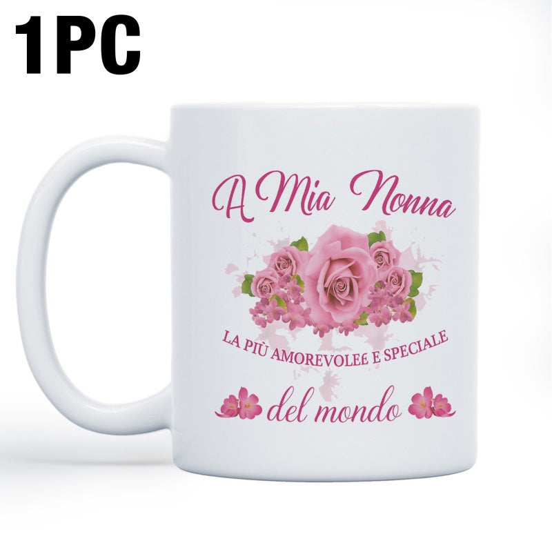 Tailorly White Ceramic 11 oz Mug - Elegant Blooming Pink Flowers With Green Leaves And Soft Petals Rose