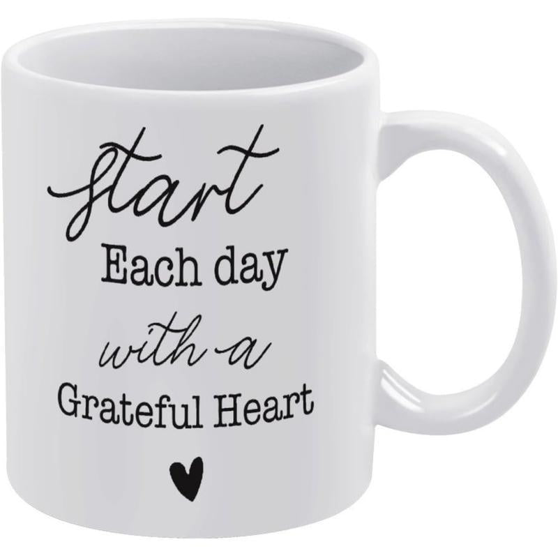 Tailorly White Ceramic 11 oz Mug - Start Each Day With A Grateful Heart Minimalist Black Typography Featuring Elegant Script And Small Centered Heart Mug
