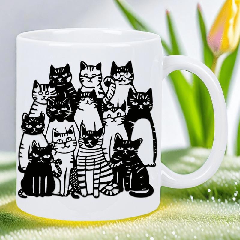 Tailorly White Ceramic 11 oz Mug - Adorable Collection Of Grouped Cartoon Kitties With Various Fun Expressions Sitting Cats