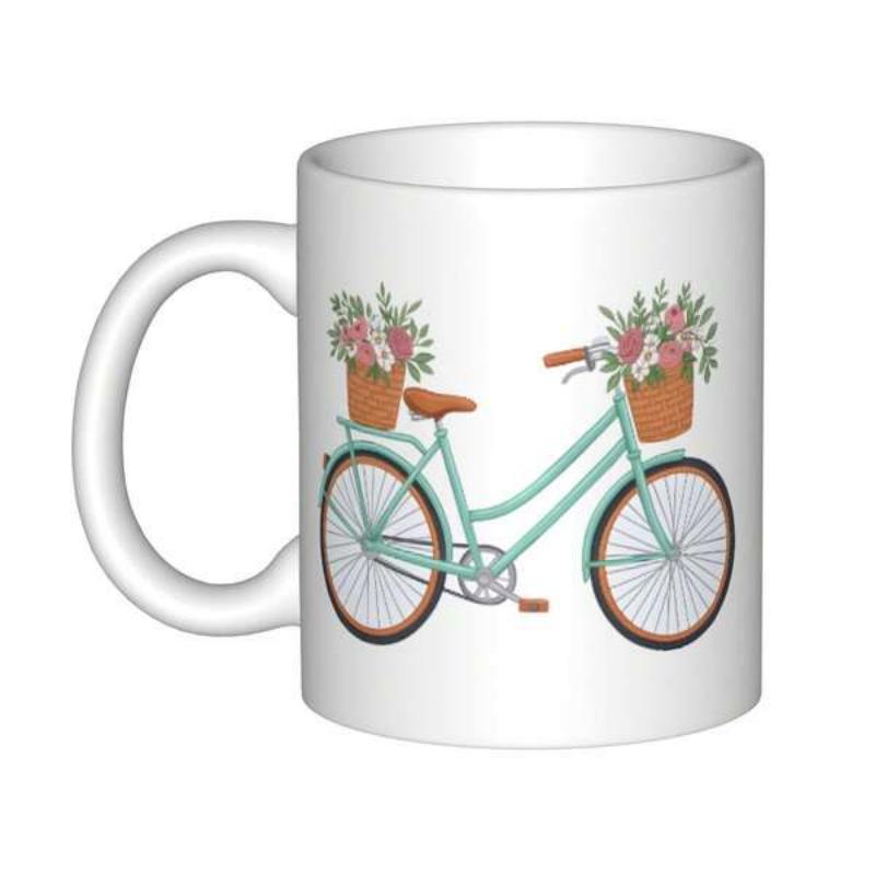 Tailorly White Ceramic 11 oz Mug - Vintage Teal Frame Carrying Baskets Filled With Beautiful Pink Springtime Flowers Bicycle
