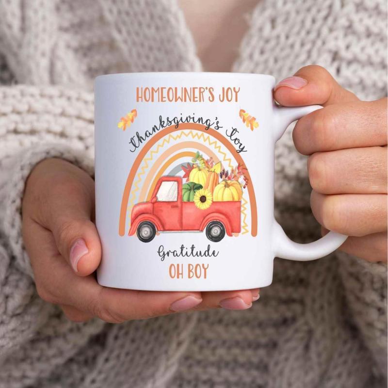 Tailorly White Ceramic 11 oz Mug - Homeowners Joy Thanksgivings Joy Gratitude Oh Boy Red Vintage Pickup Carrying Harvest Pumpkins And Sunflowers Under Colorful