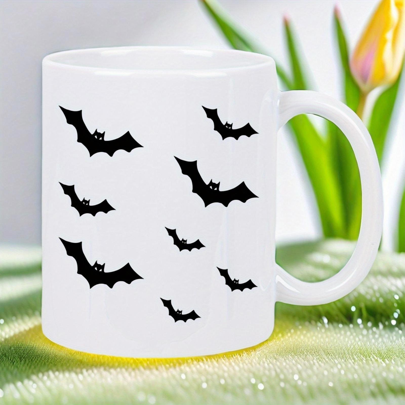 Tailorly White Ceramic 11 oz Mug - Spooky Black Flying Silhouettes Moving Through The Dark Midnight Air Bat