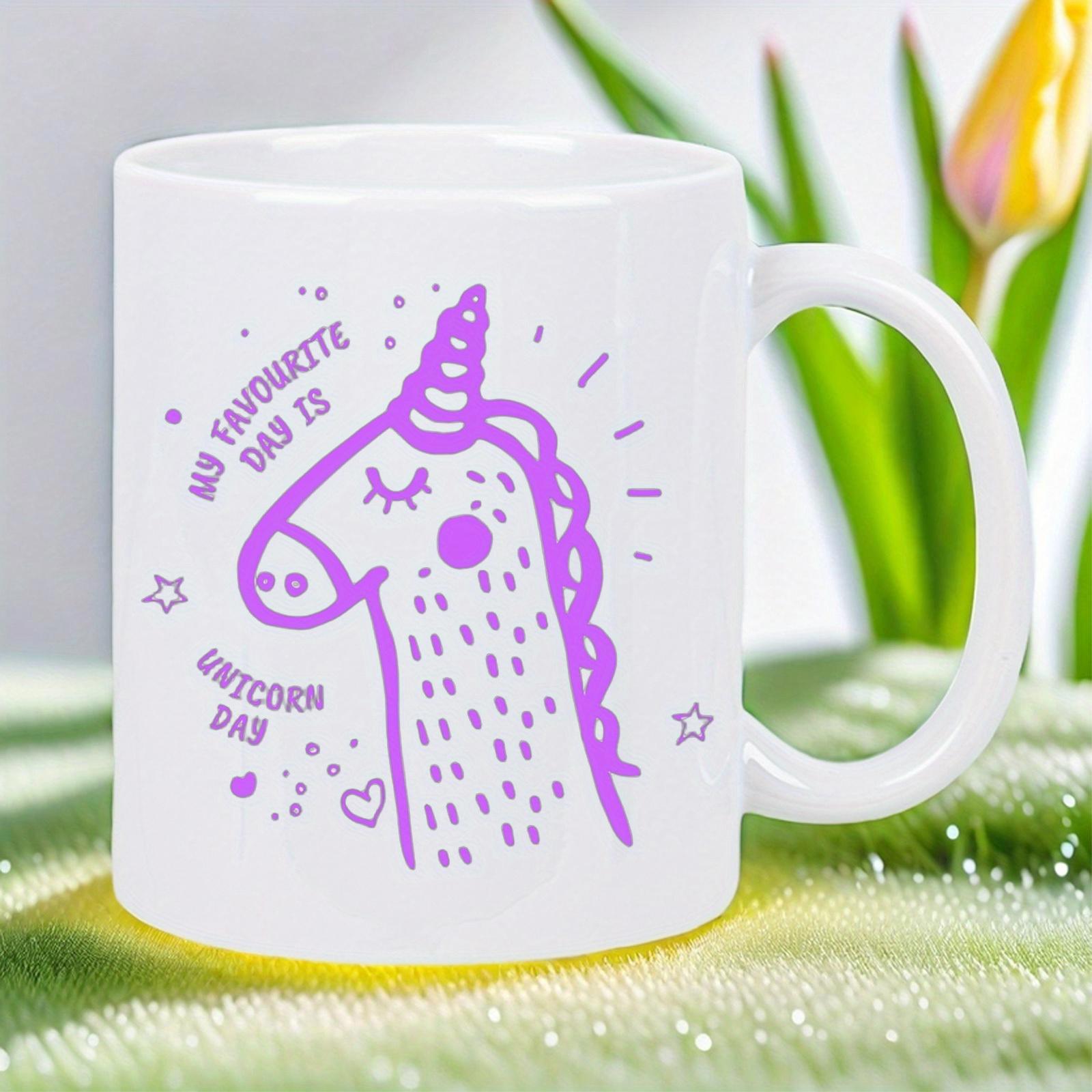 Tailorly White Ceramic 11 oz Mug - My Favourite Day Is Unicorn Day Stylized Purple Line Art Pattern Featuring Stars And Hearts Magical Unicorn