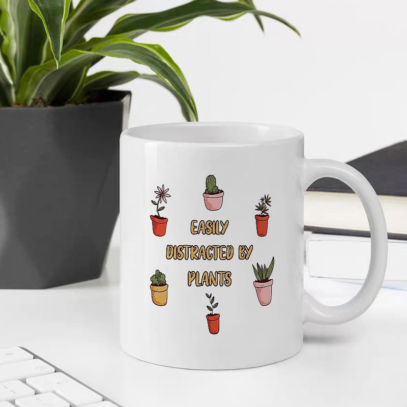 Tailorly White Ceramic 11 oz Mug - Easily Distracted By Plants Minimalist Hand Drawn Colorful Potted Succulents And Cacti Arrangement Featuring Green Plants