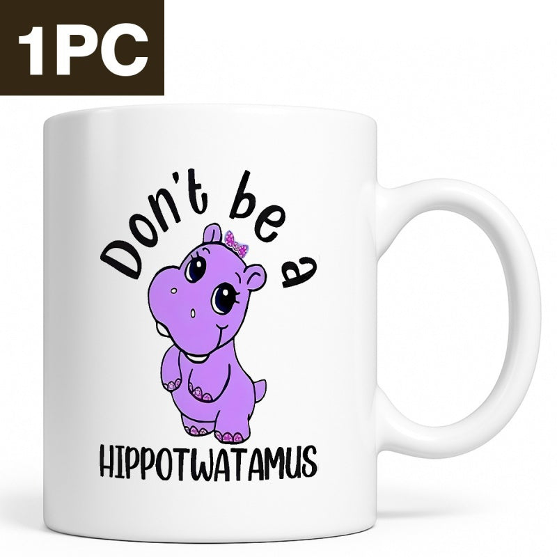 Tailorly White Ceramic 11 oz Mug - Dont Be A Hippotwatamus Cute Purple Cartoon Character Sitting Gracefully On A Clean Hippo