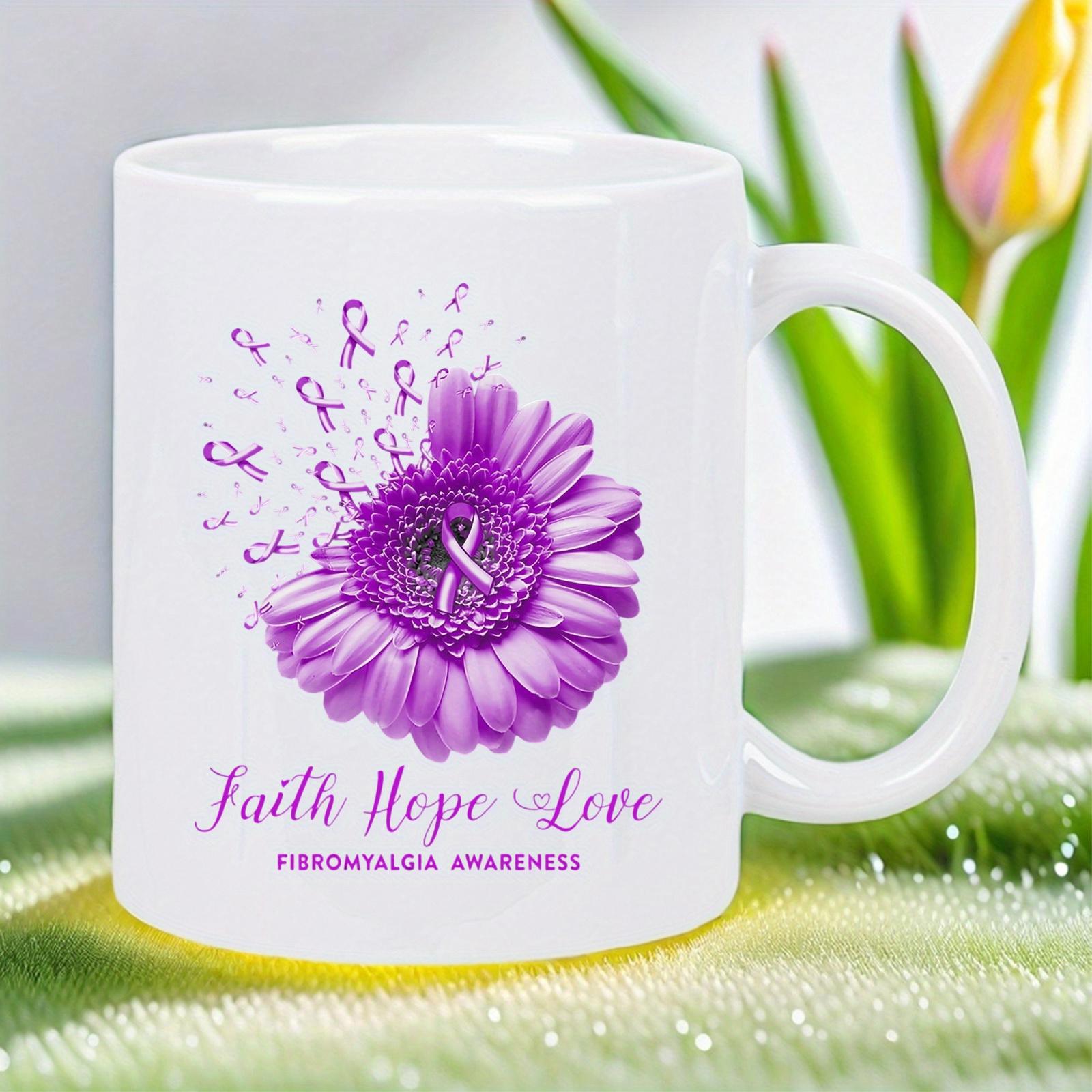 Tailorly White Ceramic 11 oz Mug - Faith Hope Love Fibromyalgia Awareness Vibrant Purple Gerbera Daisy With Floating Symbolic Awareness Ribbons Surrounding Petals