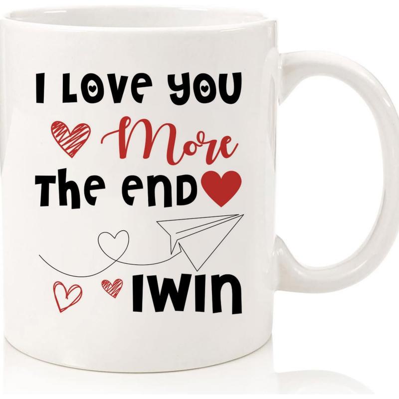 Tailorly White Ceramic 11 oz Mug - I Love You More The End I Win Sentimental Hand Drawn Red Hearts With A Simple Linear Paper Airplane Mug