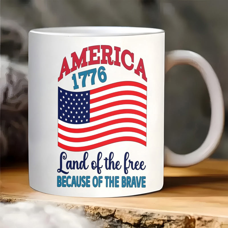 Tailorly White Ceramic 11 oz Mug - America 1776 Land Of The Free Because Of The Brave Waving Patriotic Red White And Blue Stars And Stripes National Flag