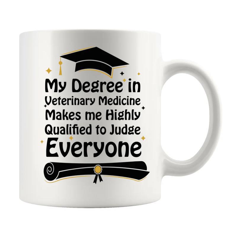 Tailorly White Ceramic 11 oz Mug - My Degree In Veterinary Medicine Makes Me Highly Qualified To Judge Everyone Graduation Mortarboard And Diploma With Elegant