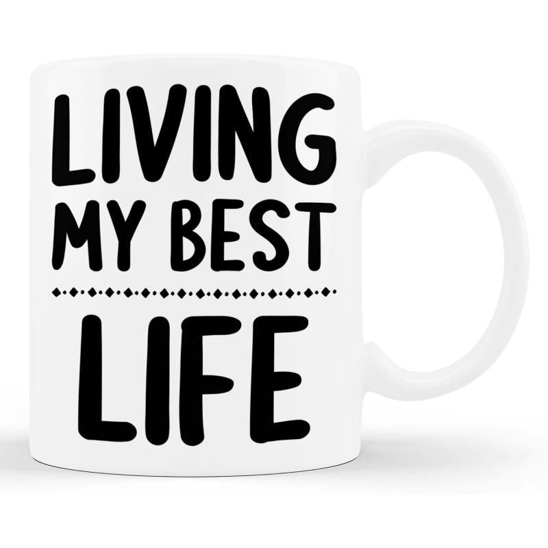 Tailorly White Ceramic 11 oz Mug - Living My Best Life Minimalist Horizontal Decorative Line With Small Round Dotted Ornaments Mug