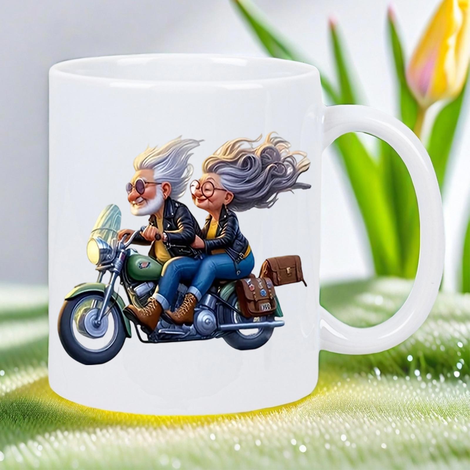 Tailorly White Ceramic 11 oz Mug - Happy Elderly Couple With Wind Blown White Hair Riding Vintage Cruiser Motorcycle