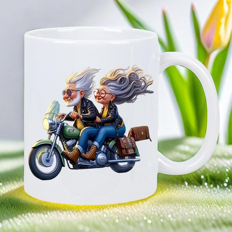 Tailorly White Ceramic 11 oz Mug - Happy Elderly Couple With Wind Blown White Hair Riding Vintage Cruiser Motorcycle
