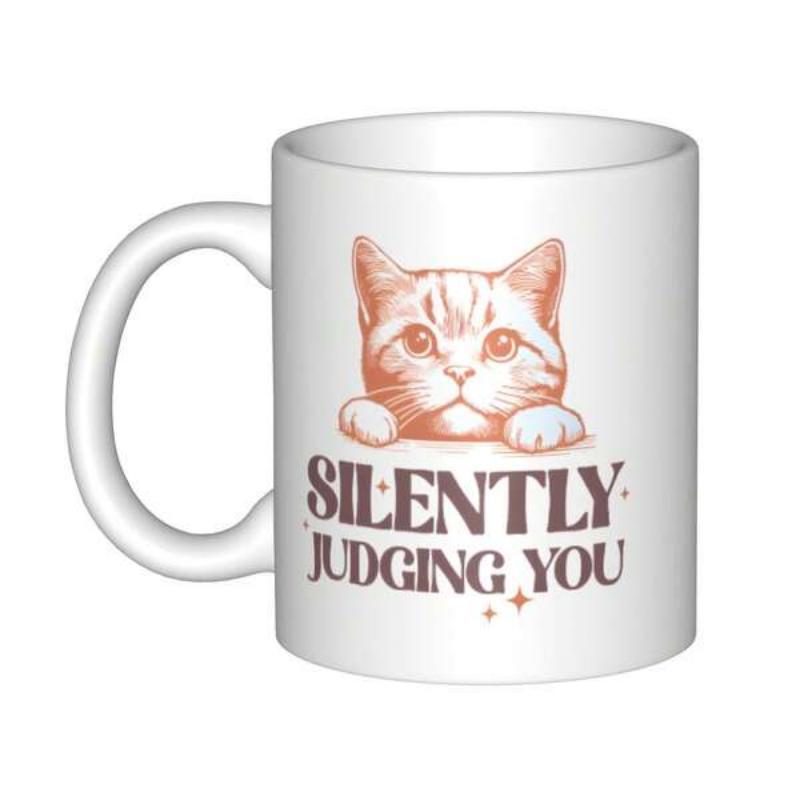 Tailorly White Ceramic 11 oz Mug - Silently Judging You Adorable Ginger Tabby Kitten Peeking Over Text With Curious Expressive Eyes Cat