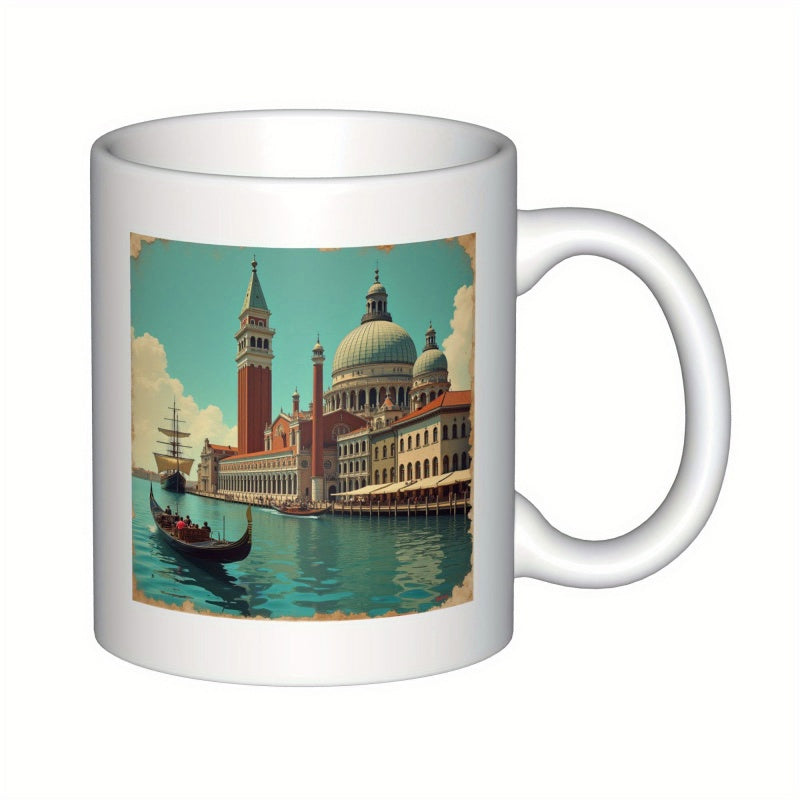 Tailorly White Ceramic 11 oz Mug - Vintage Style Venice Canal With Gondola Rowing Past Historic Italian Architecture Venice