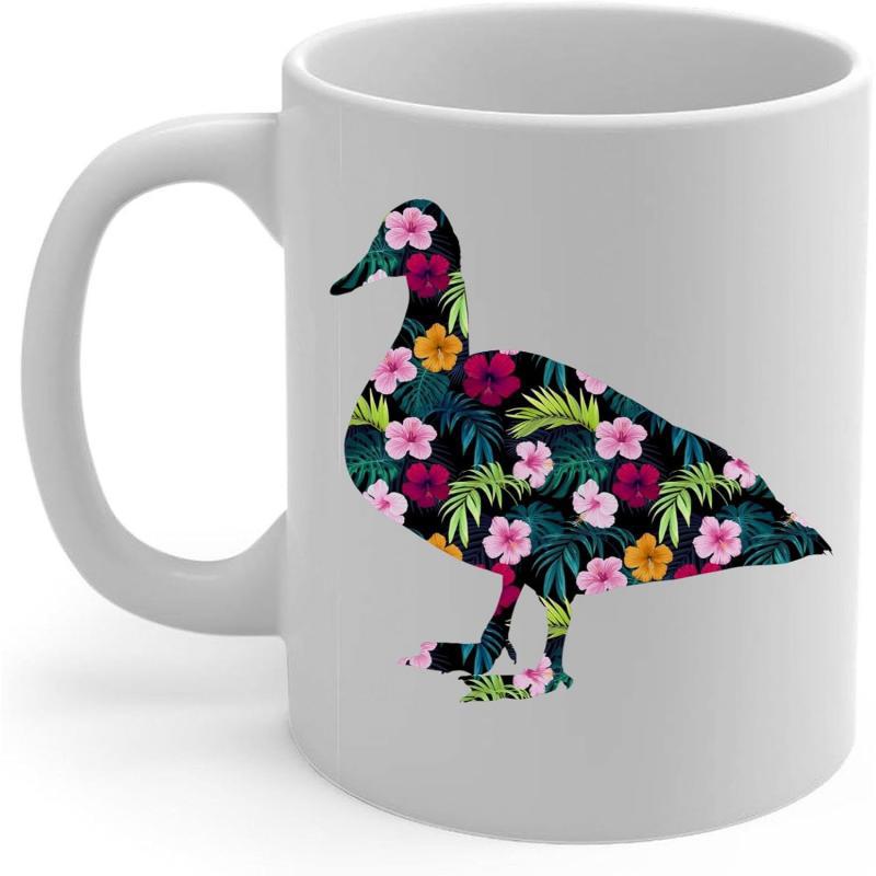 Tailorly White Ceramic 11 oz Mug - Tropical Hibiscus Floral Pattern Filling A Graceful Standing Silhouette Nature Inspired Duck