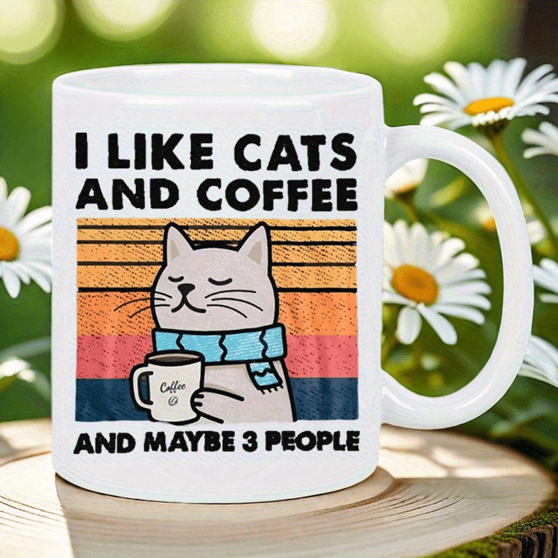 Tailorly White Ceramic 11 oz Mug - I Like Cats And Coffee And Maybe 3 People Cute Cartoon Cat Wearing Scarf Holding Mug Under Vintage Sunset Cat