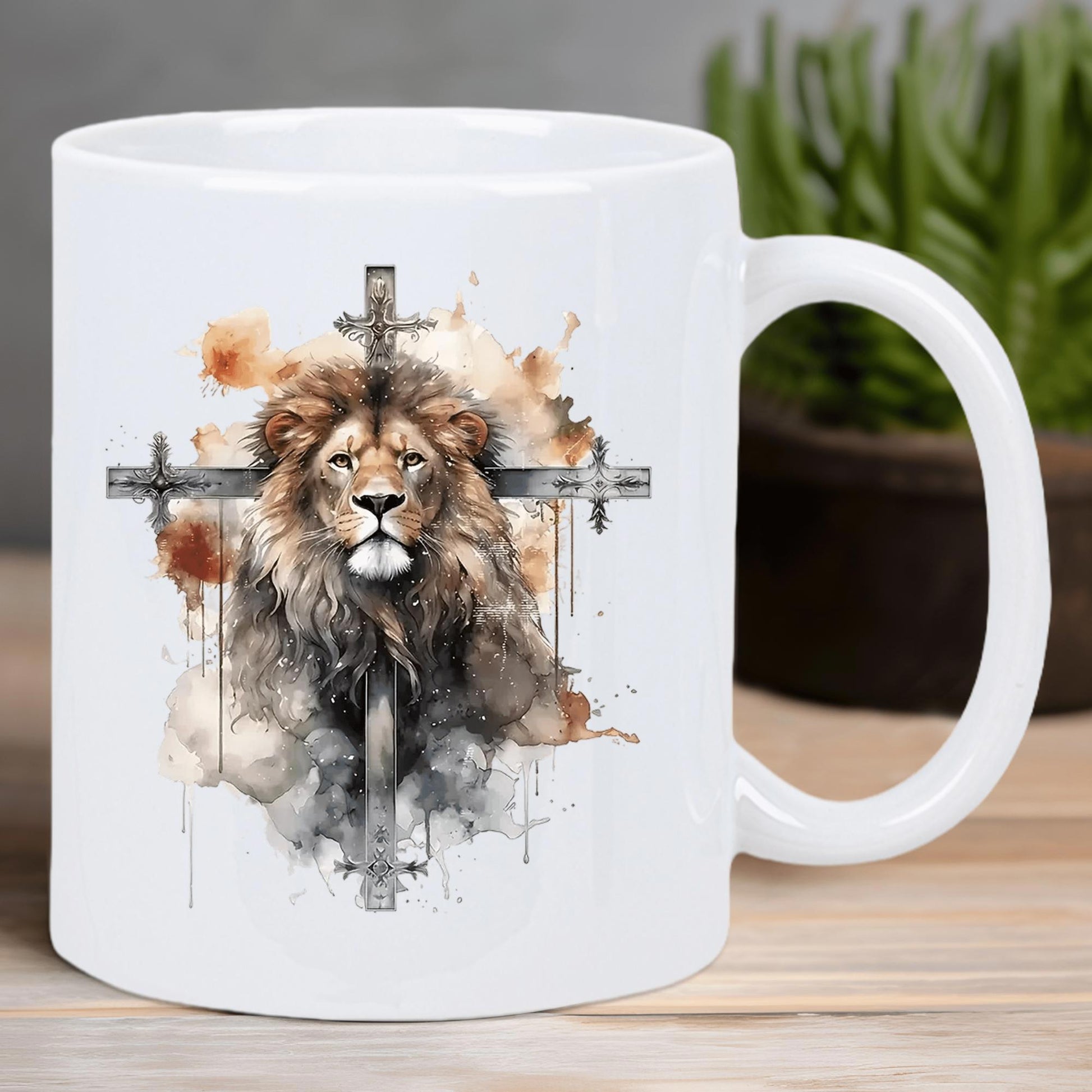 Tailorly White Ceramic 11 oz Mug - Artistic Watercolor Mane Over Textured Cross Among Earthy Tones Lion