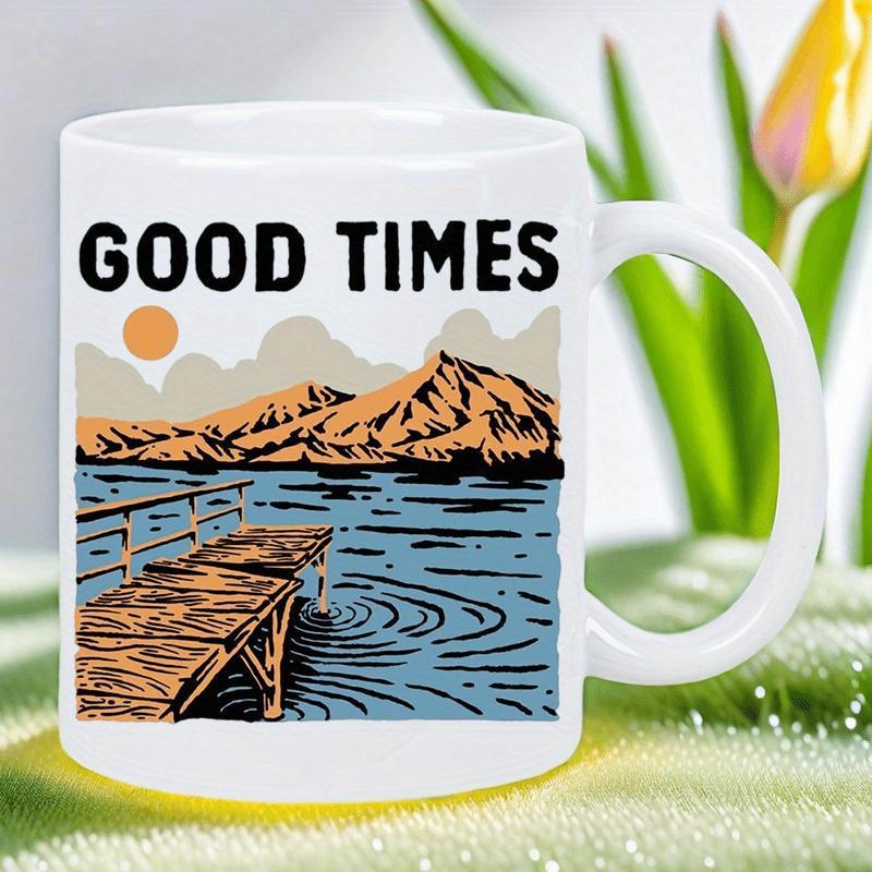 Tailorly White Ceramic 11 oz Mug - Good Times Serene Wooden Dock Extending Into Calm Blue Water Under Sunset Mountain