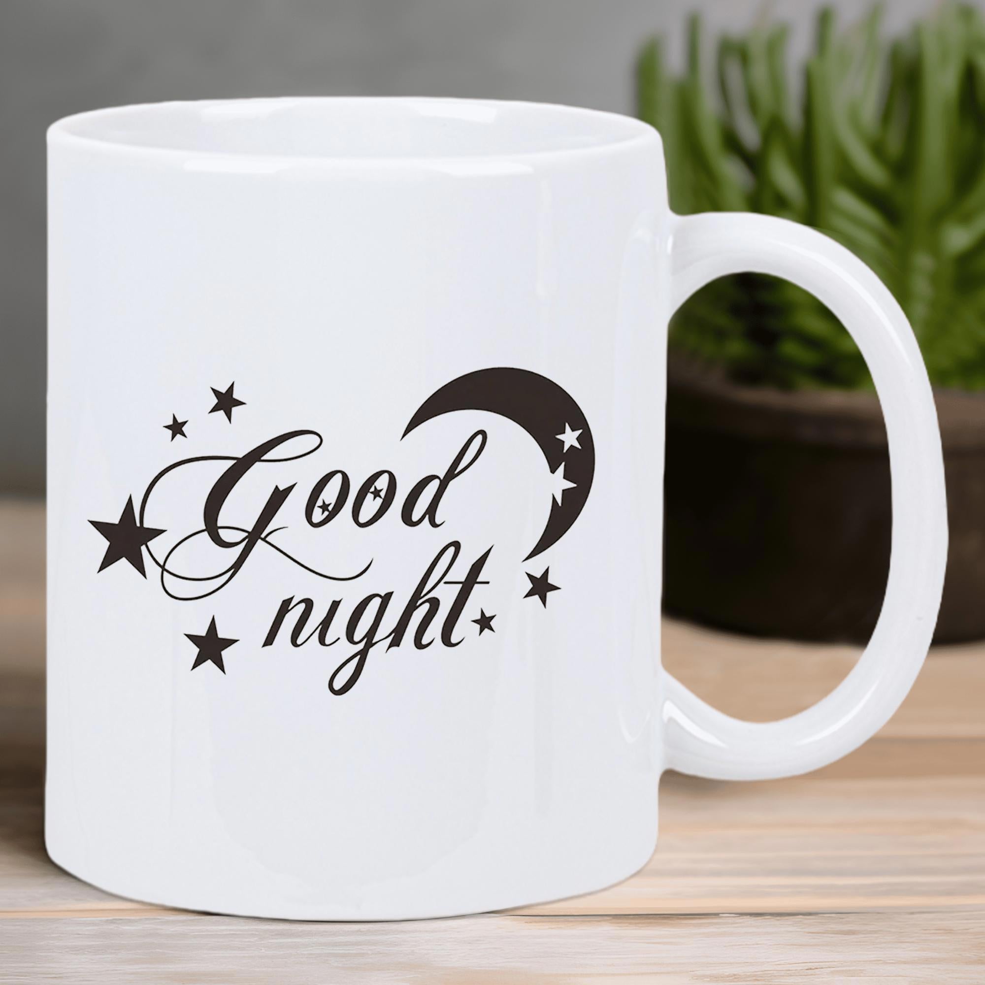 Tailorly White Ceramic 11 oz Mug - Good Night Elegant Script Symbols Surrounded By Twinkling Stars And Crescent Moon