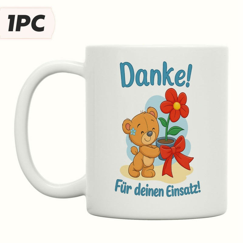 Tailorly White Ceramic 11 oz Mug - Adorable Cartoon Animal Holding Potted Red Flower Decorated With Ribbon Bear