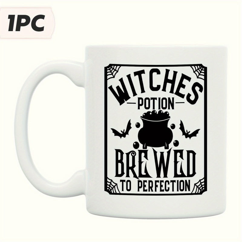 Tailorly White Ceramic 11 oz Mug - Witches Potion Brewed To Perfection Black Cauldron With Bubbles And Bats Near Spiderweb Corners Cauldron