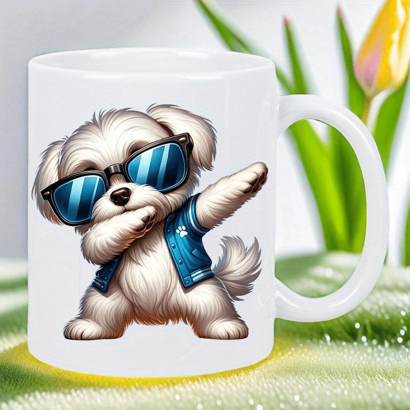 Tailorly White Ceramic 11 oz Mug - Cute Fluffy White Puppy Wearing Blue Sunglasses And Denim Vest Dabbing Dog