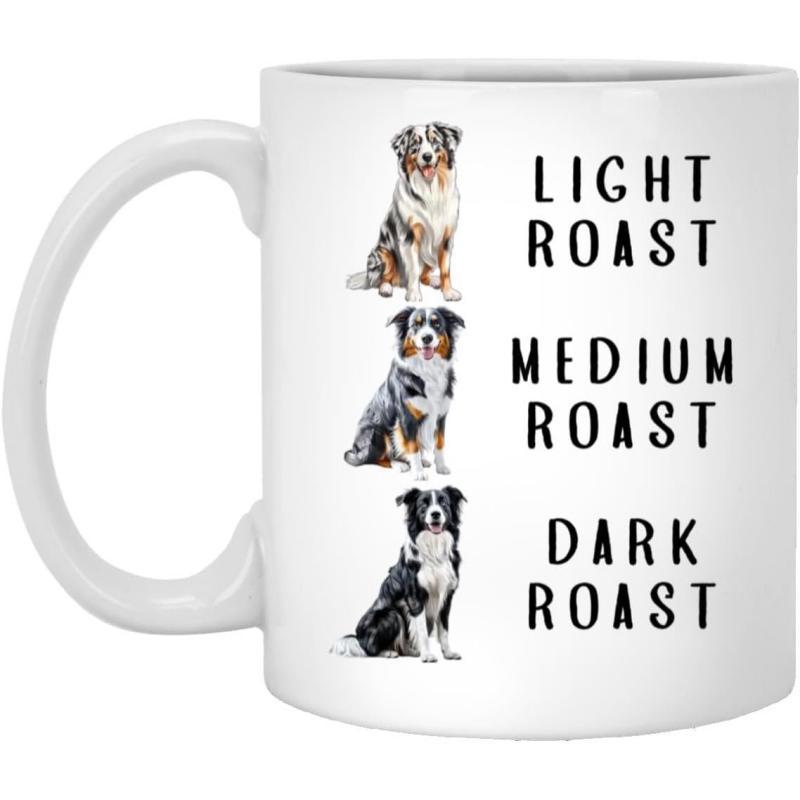 Tailorly White Ceramic 11 oz Mug - Light Roast Medium Roast Dark Roast Three Artistic Australian Shepherds With Different Colored Fur Coats Mug
