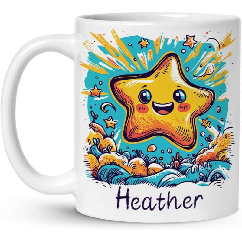 Tailorly White Ceramic 11 oz Mug - Heather Gleaming Smiling Golden Cartoon Character Over Blue Abstract Sea Waves Star