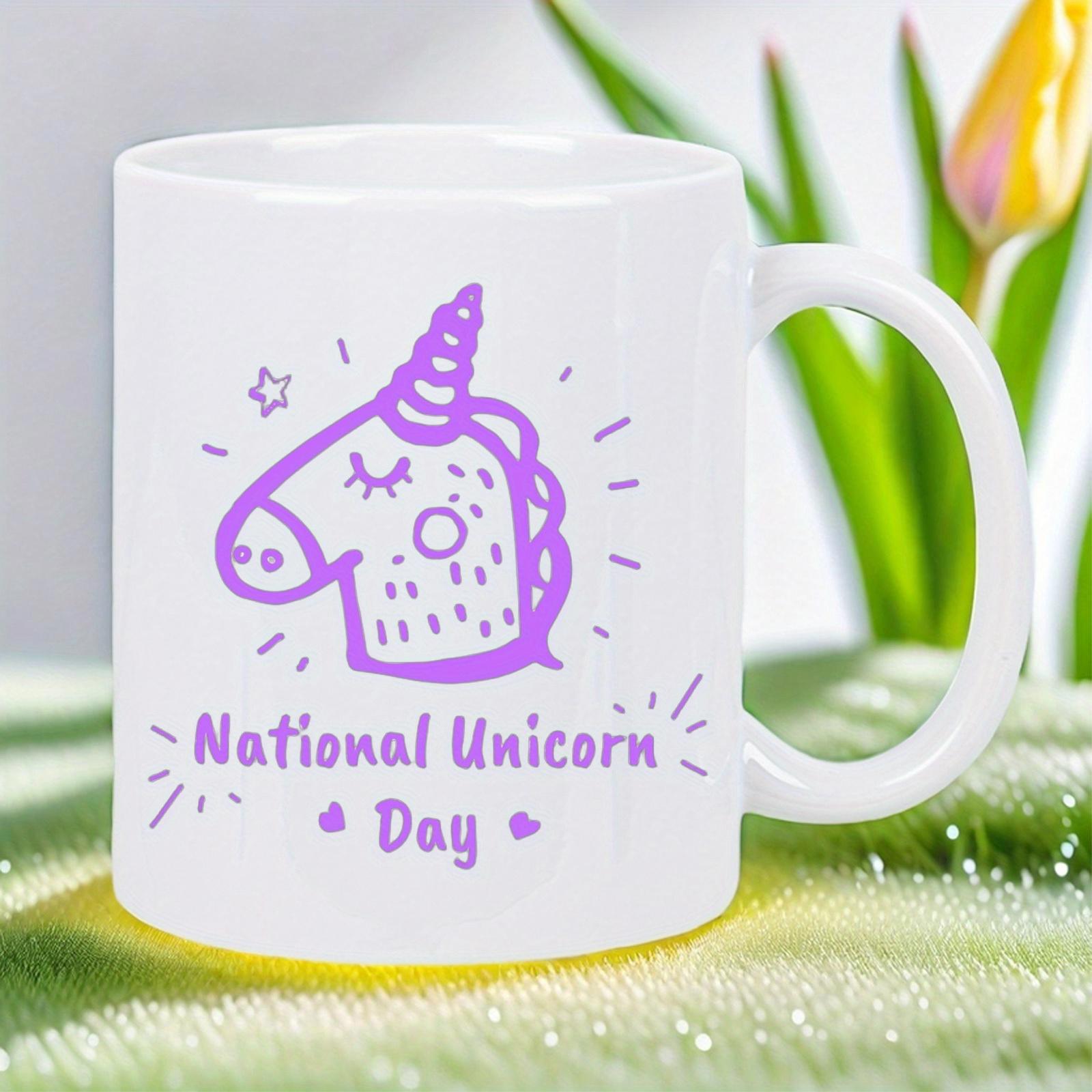 Tailorly White Ceramic 11 oz Mug - National Unicorn Day Simple Hand Drawn Purple Line Art Pattern With Whimsical Stars Unicorn