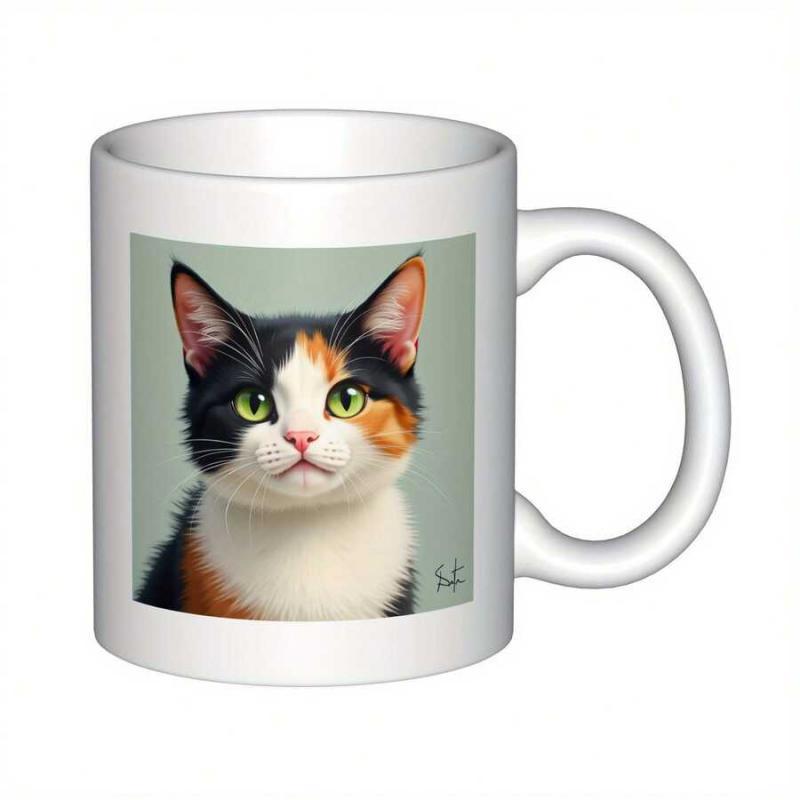 Tailorly White Ceramic 11 oz Mug - Beautiful Calico Kitten With Expressive Green Eyes Among A Simple Background Cat