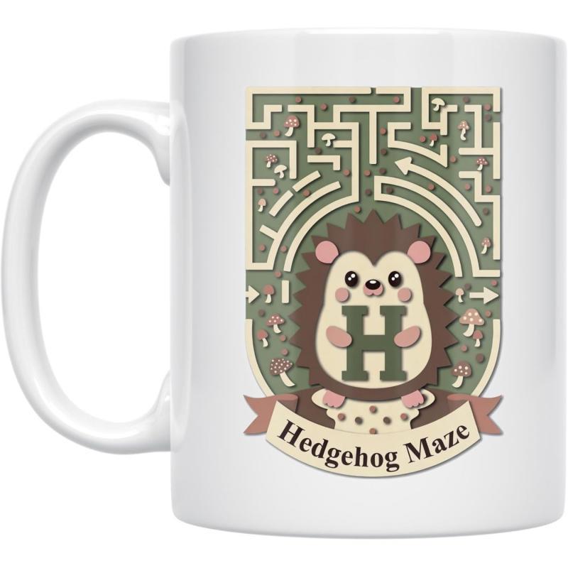 Tailorly White Ceramic 11 oz Mug - Hedgehog Maze Cute Cartoon Character Holding Large Letter Inside Complex Green Garden Maze Hedgehog