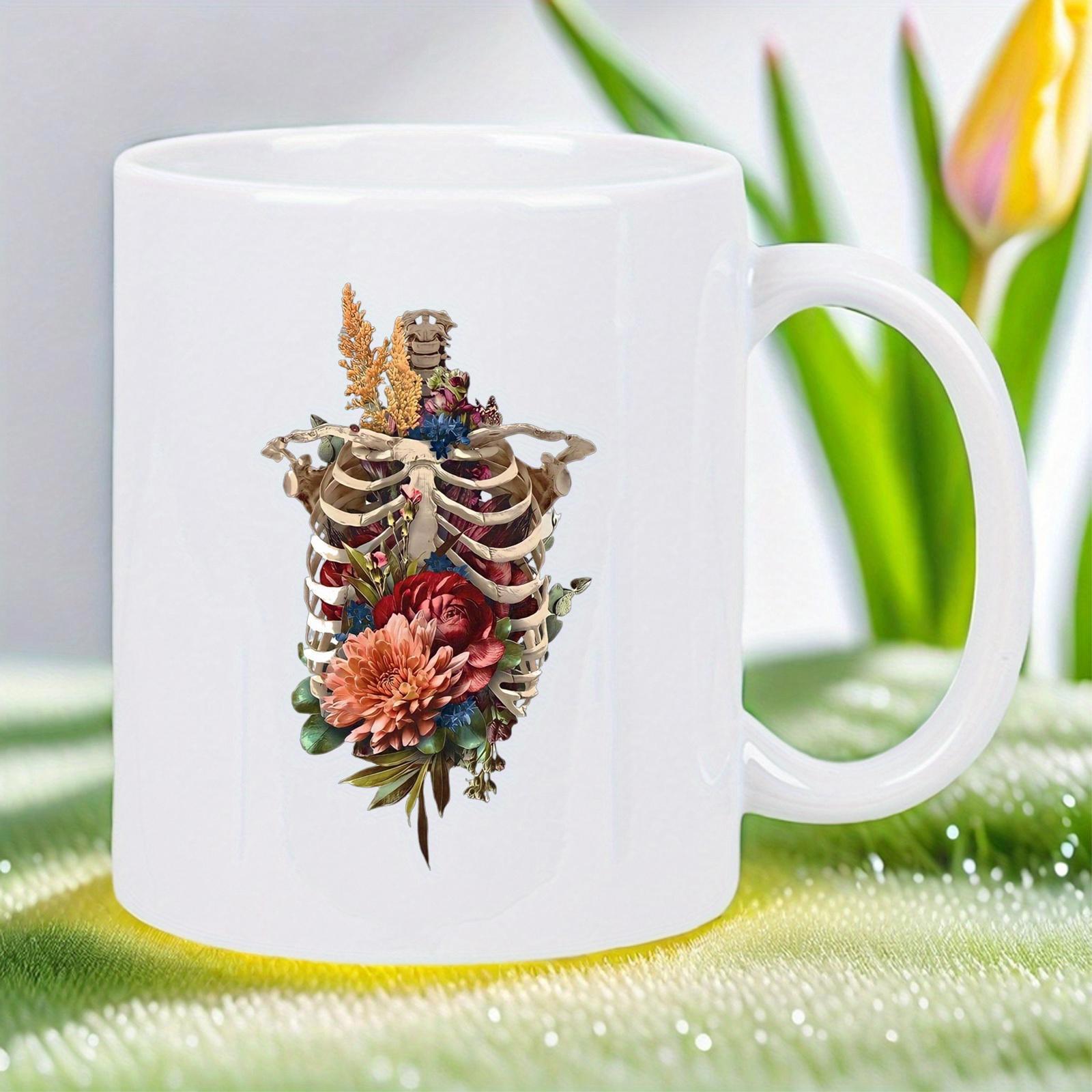 Tailorly White Ceramic 11 oz Mug - Vintage Anatomical Design With Colorful Blooming Flowers And Greenery Ribcage
