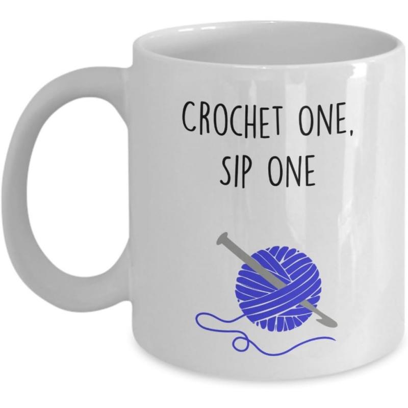 Tailorly White Ceramic 11 oz Mug - Crochet One Sip One Cozy Purple Ball Of Yarn With A Silver Crochet Hook Mug
