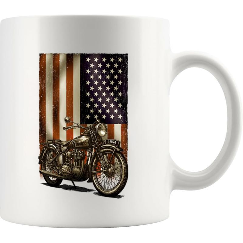 Tailorly White Ceramic 11 oz Mug - Vintage Style American Flag Background With Rustic Classic Cruiser Motorcycle