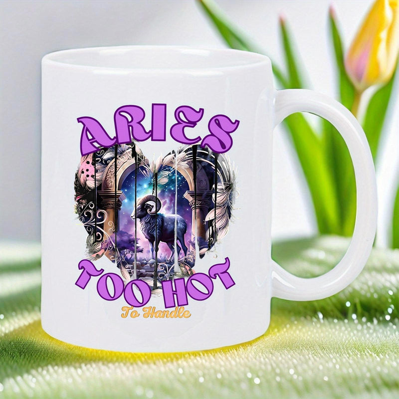 Tailorly White Ceramic 11 oz Mug - Aries Too Hot To Handle Majestic Ram Standing Within A Gothic Archway Under A Starry Night Ram