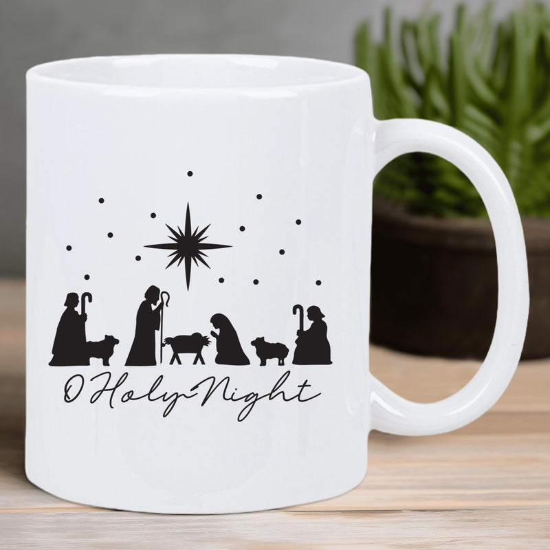 Tailorly White Ceramic 11 oz Mug - O Holy Night Serene Silhouette Of Shepherds And Sheep Under A Glowing Starry Night Nativity