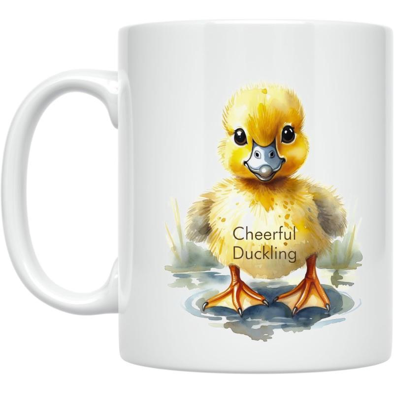 Tailorly White Ceramic 11 oz Mug - Cheerful Duckling Adorable Watercolor Yellow Baby Bird Standing In A Shallow Puddle Duckling